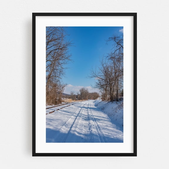 A Beautiful Day for a Walk along the Rail Trail in Seven Valleys PA - Seven Valleys Pennsylvania Photography Winter Snow Railroad Landscape Scenic Rural Black Framed Wall Art Print 24 x 36 inches