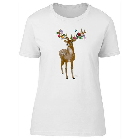 Beautiful Deer & Floral Wreath T-Shirt Women -Image by Shutterstock, Female Large