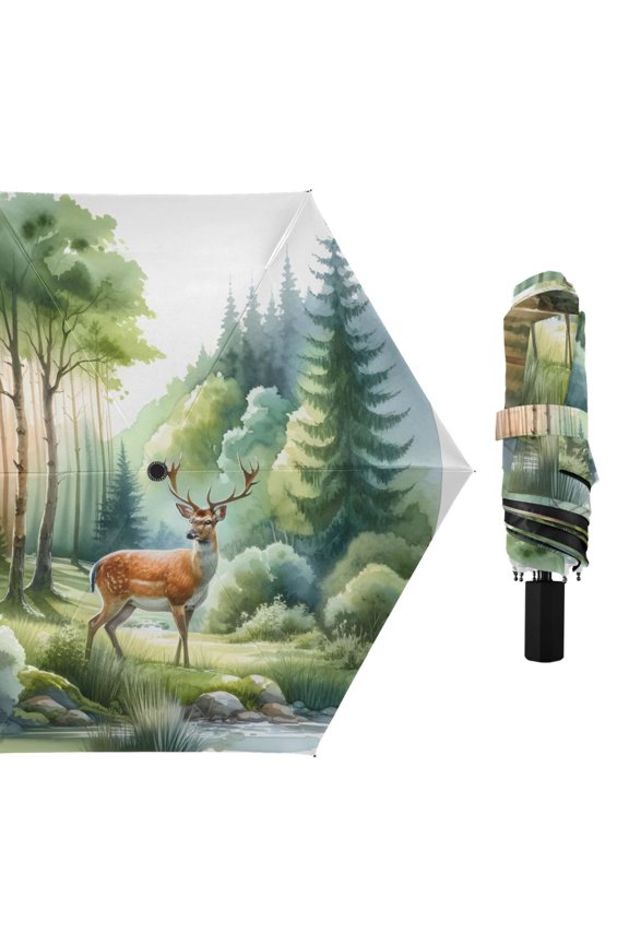 Beautiful Deer in Forest Compact Sun Umbrella Windproof Travel Umbrellas for Rain Strong Portable UV Protection