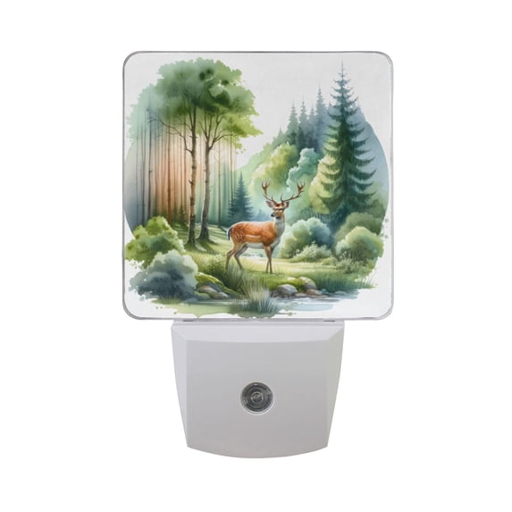 Beautiful Deer in Forest LED Night Light Dusk to Dawn Sensor 2 Pack Plug-in Soft Light Nightlights for Bedroom Bathroom Nursery Hallway Kitchen