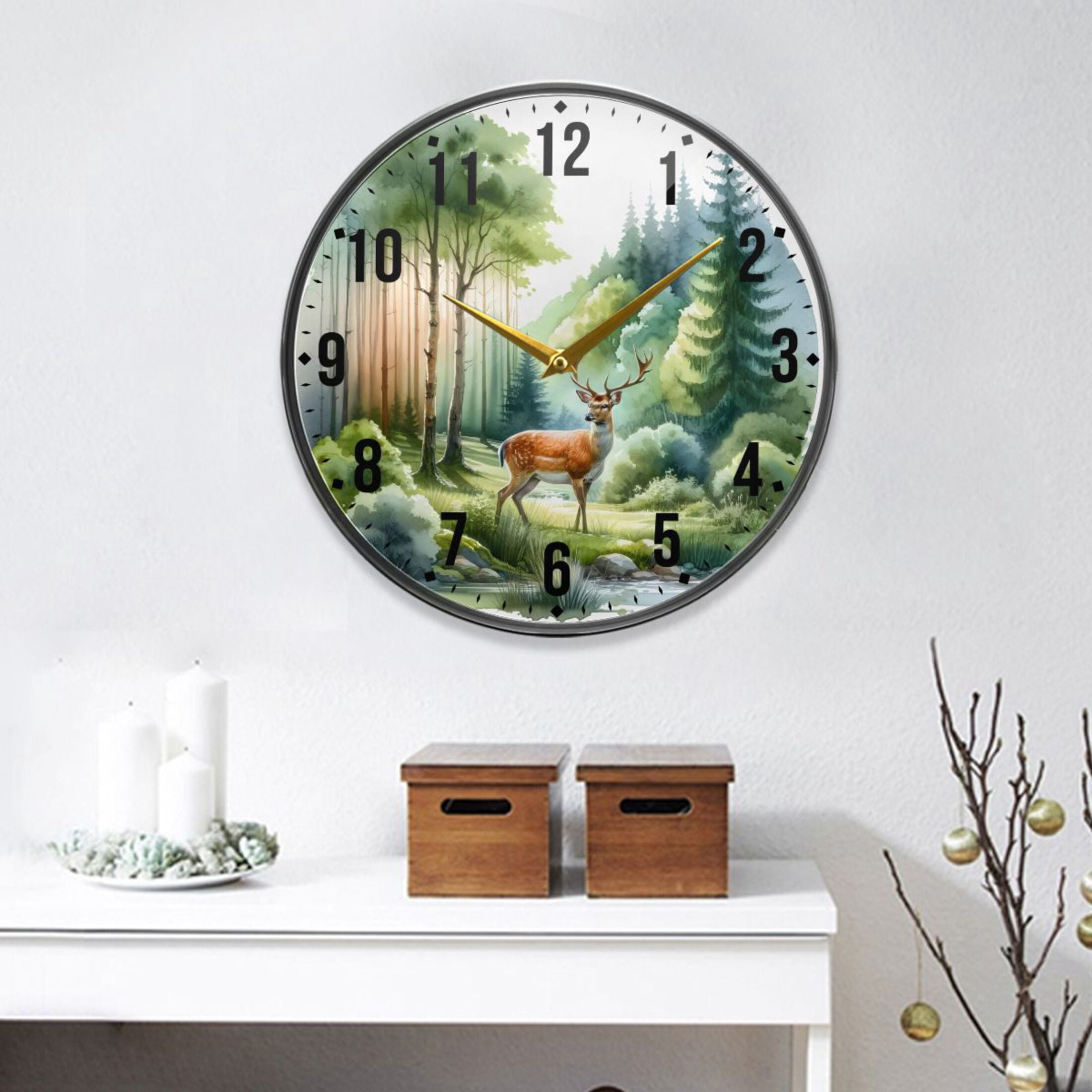 Beautiful Deer in Forest Round Wall Clock 12 Inch Non-Ticking Silent ...