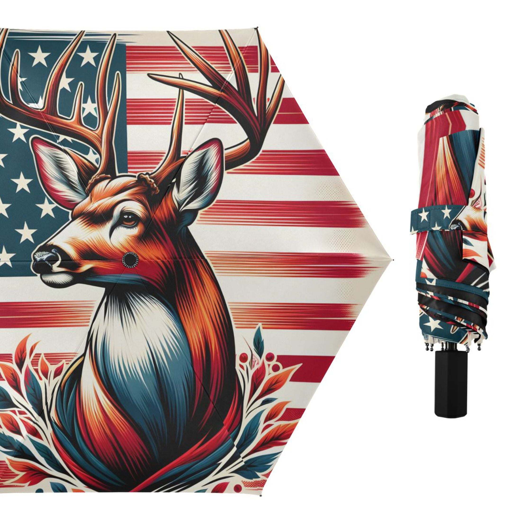 Beautiful Deer with American Flag Compact Sun Umbrella Windproof Travel Umbrellas for Rain Strong Portable UV Protection