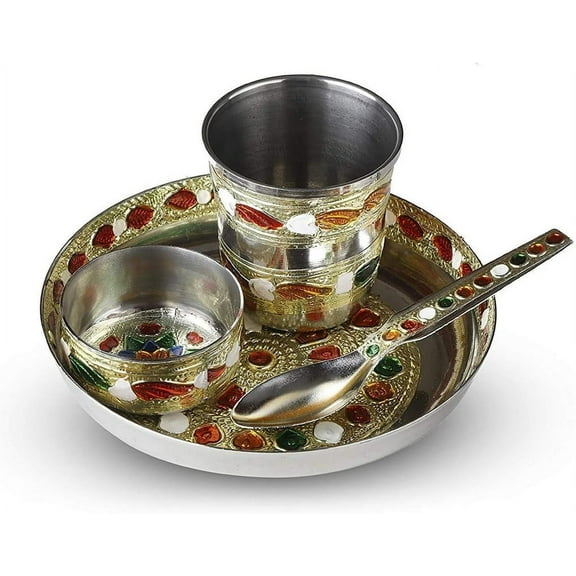 Beautiful Design Brass Bhog Thali Plate Laddu Gopal Krishan Ji Bhog Patra Set 4 Pieces