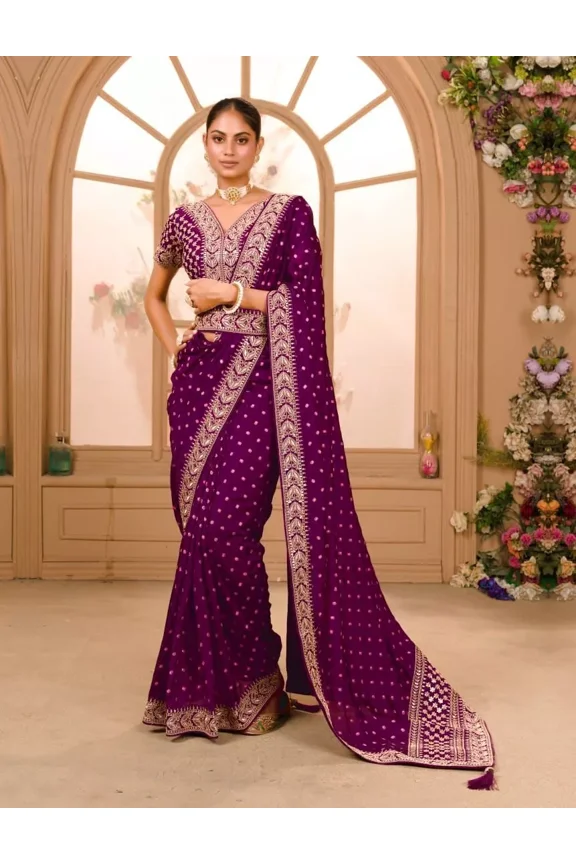 Beautiful Designer Vichitra Silk Sari Blouse Indian Bollywood Wedding Wear Saree Wine size 36