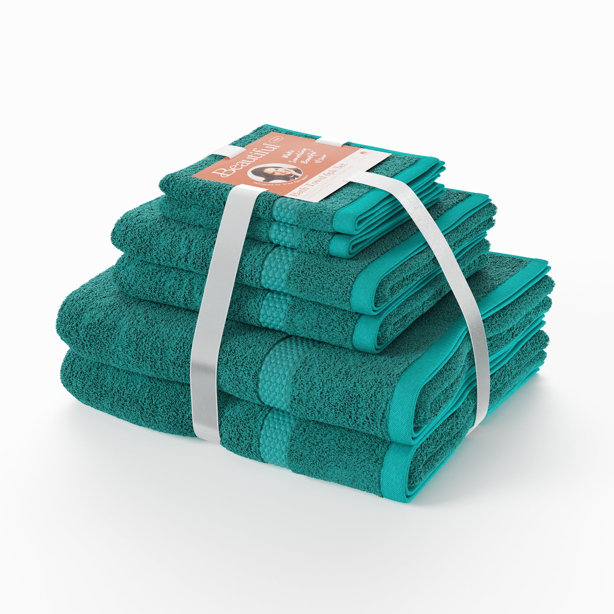 Beautiful by Drew Barrymore 6-Piece Dobby Bath Towel Set, Soft 100% Cotton, Pine Green