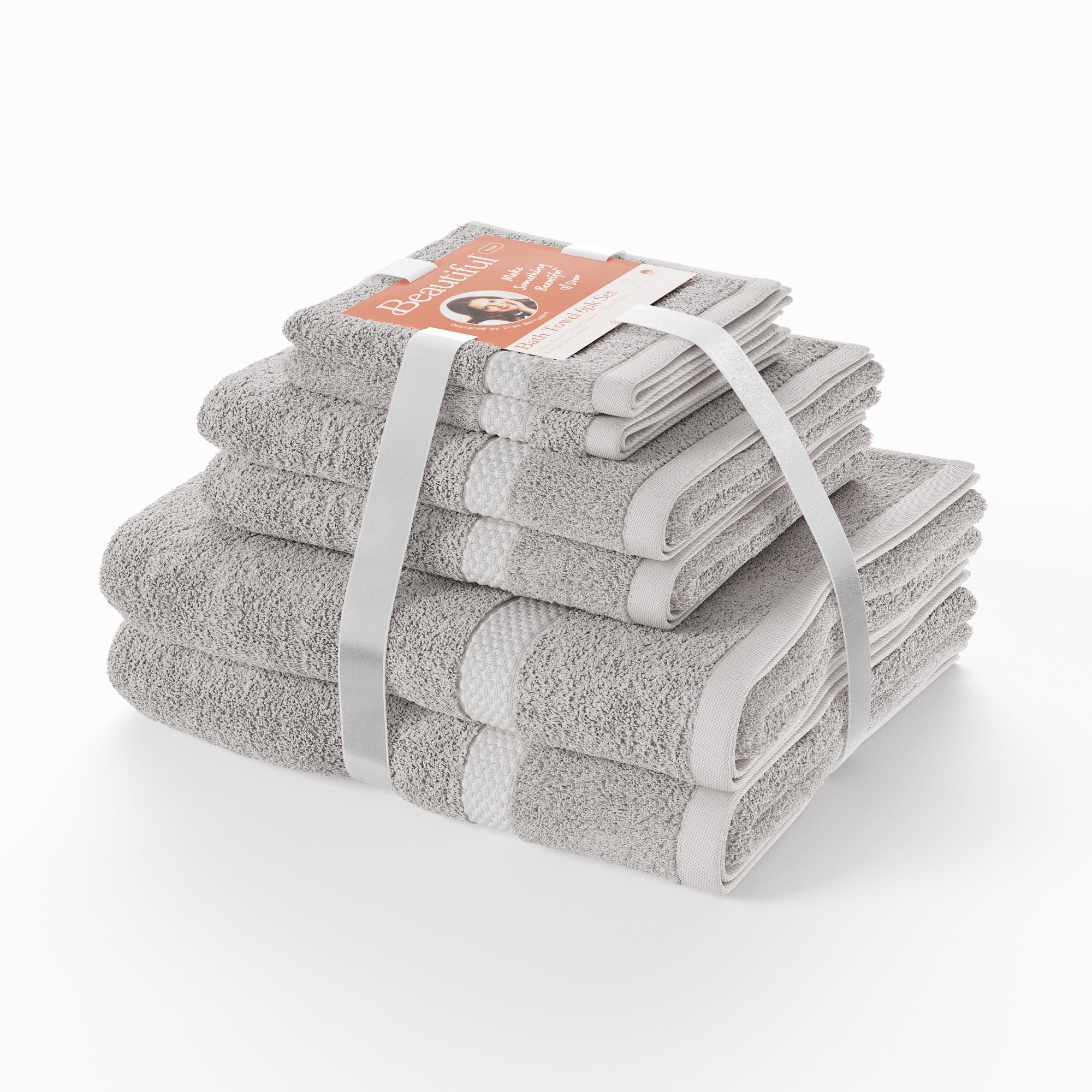 Beautiful Dobby 6pk Towel Set, Contains 2 Bath, 2 Hand, 2 Wash - Porcini Taupe by Drew Barrymore - Walmart.com