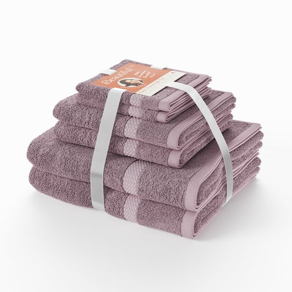 Beautiful by Drew Barrymore 6-Piece Dobby Bath Towel Set, Soft 100% Cotton, Rose Pink