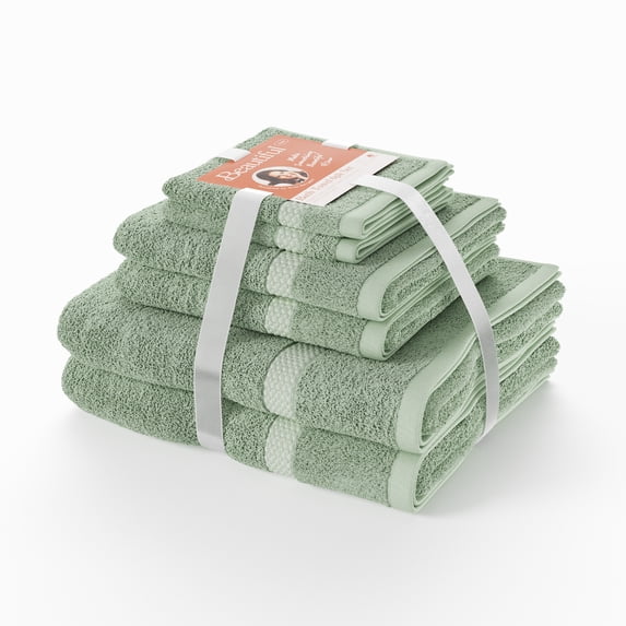 Beautiful by Drew Barrymore 6-Piece Dobby Bath Towel Set, 100% Cotton, Sage Green