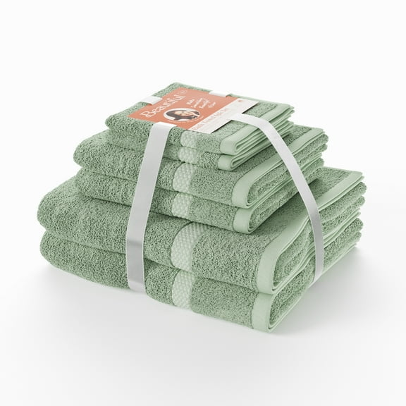Beautiful Dobby 6pk Towel Set, Contains 2 Bath, 2 Hand, 2 Wash - Sage Green by Drew Barrymore