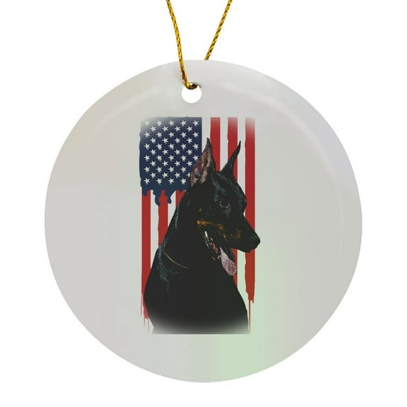 3drose, Beautiful Doberman Dog with Us Flag in the Background, Circle Porcelain Ornament