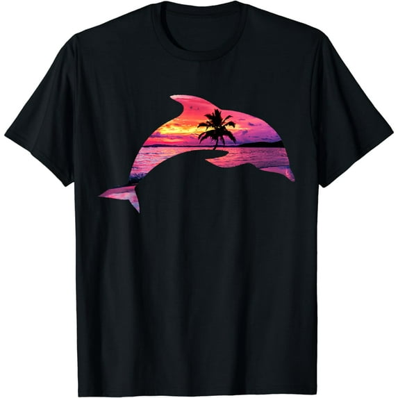 Beautiful Dolphin Sunset Colorful Sunrise Dolphin Silhouette T-Shirt men and women can wear, black, white, gifts