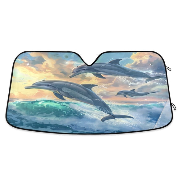 Beautiful Dolphins Jumped over Waves Car Windshield Sun Shade Foldable Car Front Window Visor Heat and UV Protection 53x23.5