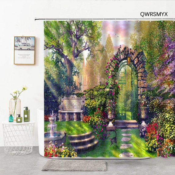 Beautiful Dream Garden Landscape Shower Curtain Architectural 3D Printed Polyester Fabric Hanging Curtain Bathroom Decor Hooks