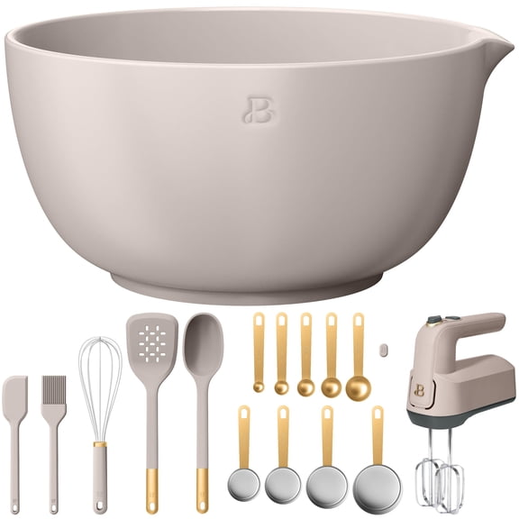 Beautiful by Drew Barrymore Complete Baking Prep Bundle, Porcini Taupe 6-Speed Hand Mixer, Double Stoneware Mixing Bowls, Measuring Set & Kitchen Tools