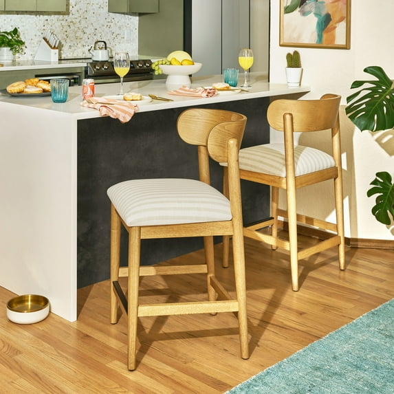 Beautiful Drew Counter-Height Stools by Drew Barrymore, Warm Honey Finish with Striped Fabric, 2 Pack
