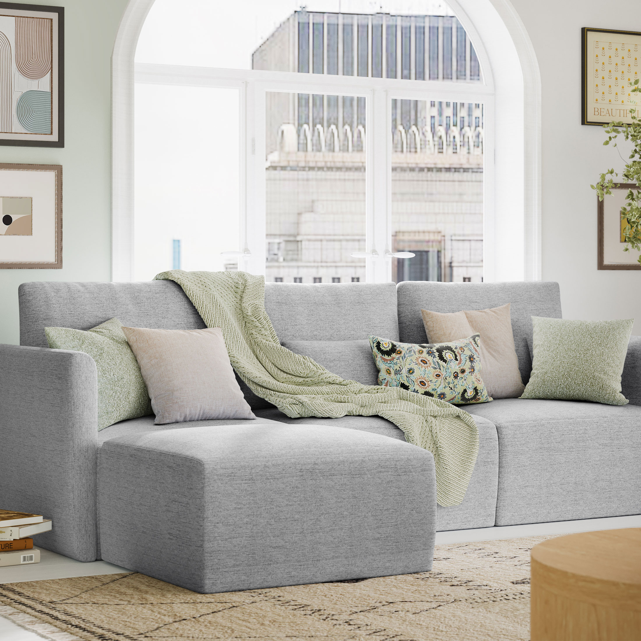 Beautiful Drew Modular Sectional Sofa with Ottoman by Drew Barrymore, Gray Fabric - image 1 of 15