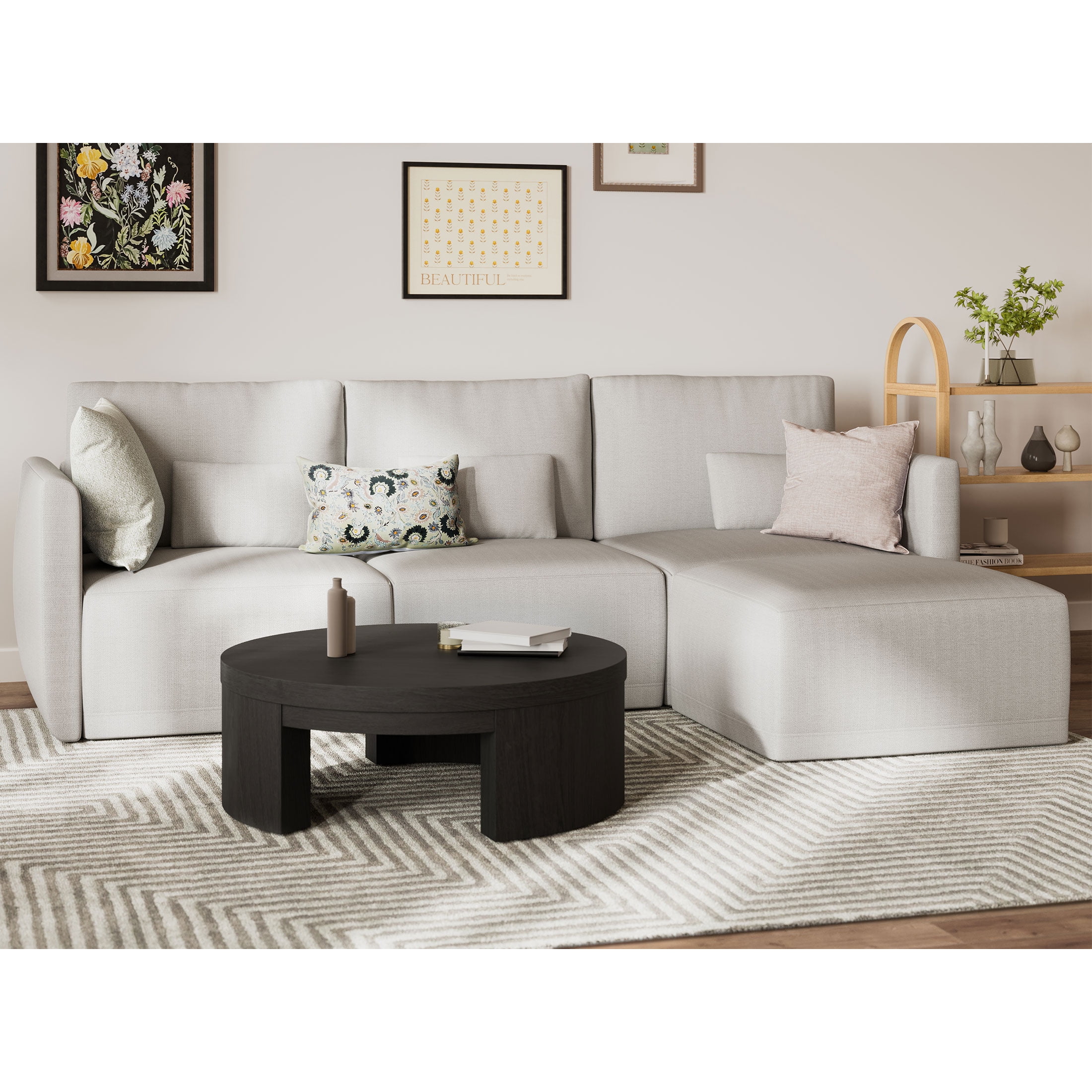 Beautiful Drew Modular Sectional Sofa with Ottoman by Drew Barrymore, Porcini Taupe