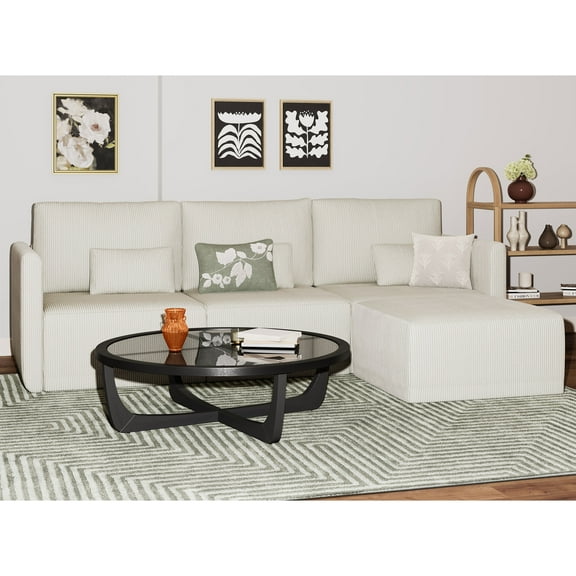 Beautiful Drew Modular Sectional Sofa with Ottoman by Drew Barrymore, Vanilla Cord