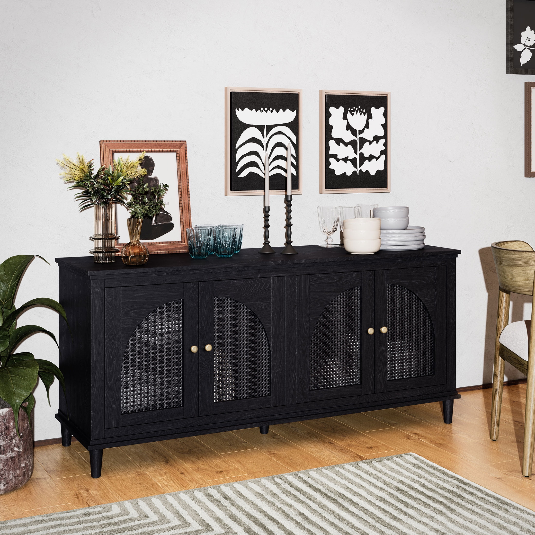 Beautiful Drew Rattan 4-Door Buffet Sideboard by Drew Barrymore, 2 Adjustable Shelves, Black Finish - Walmart.com