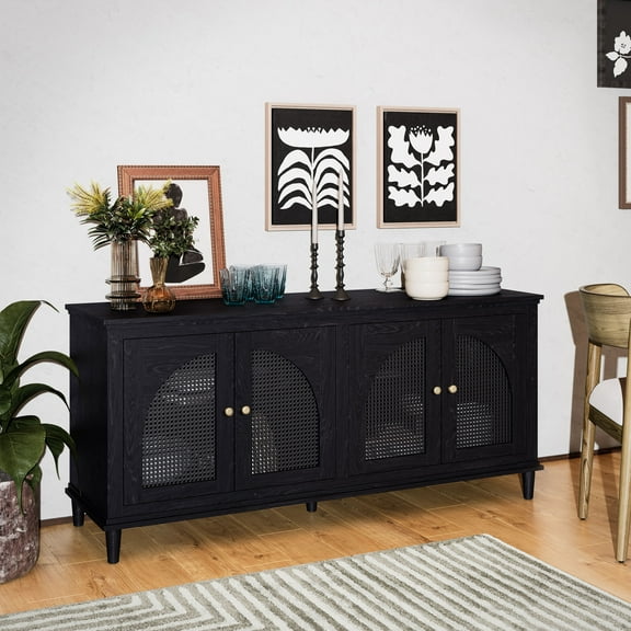 Beautiful Drew Rattan 4-Door Buffet Sideboard by Drew Barrymore, 2 Adjustable Shelves, Black Finish