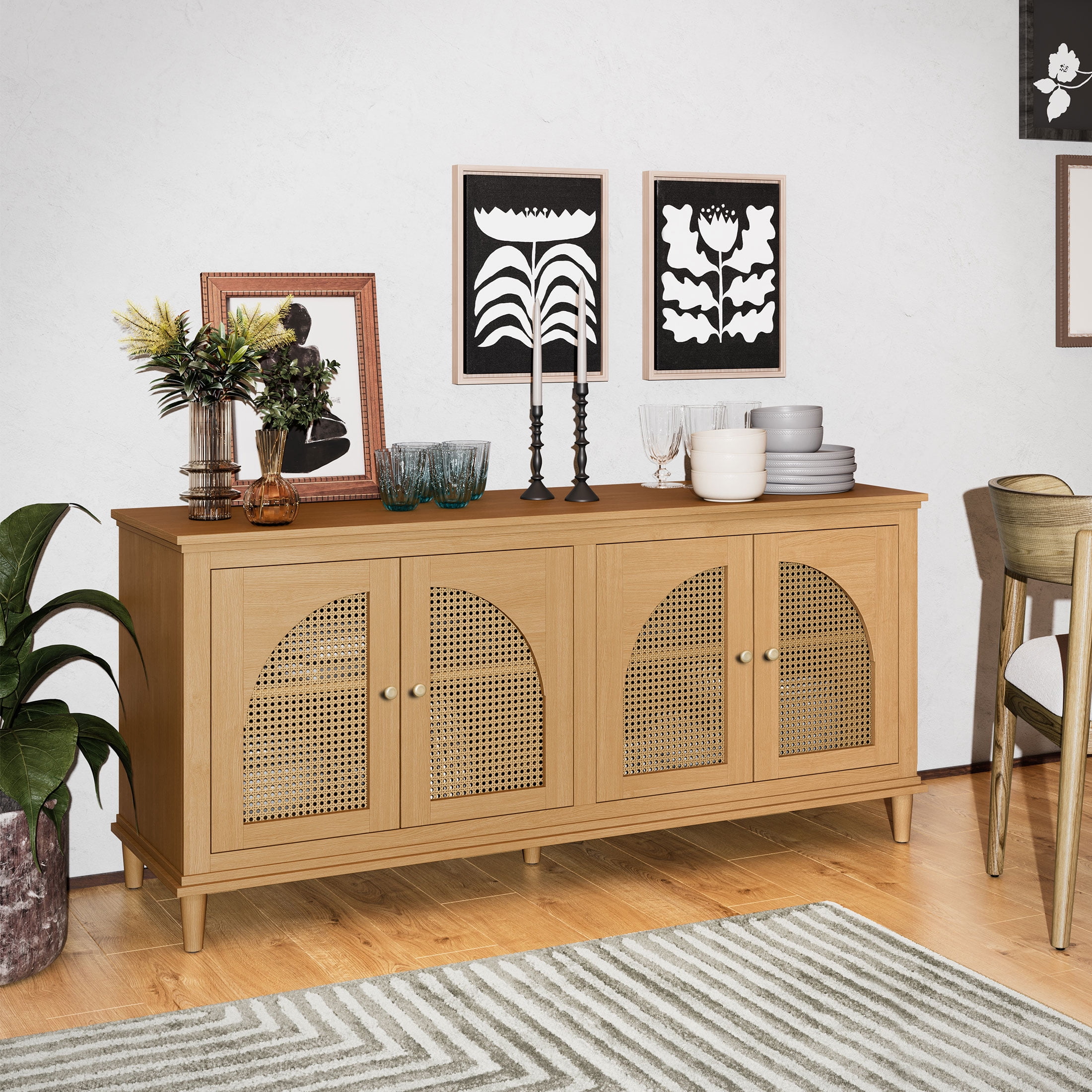 Drew Barrymore Rattan 4-Door Buffet Sideboard, Warm Honey