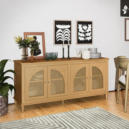 Beautiful Drew Rattan 4-Door Buffet Sideboard by Drew Barrymore, Warm Honey Finish