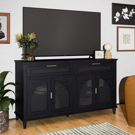Beautiful Drew Rattan Media Console with Teched Away Drawer by Drew Barrymore, Black Finish