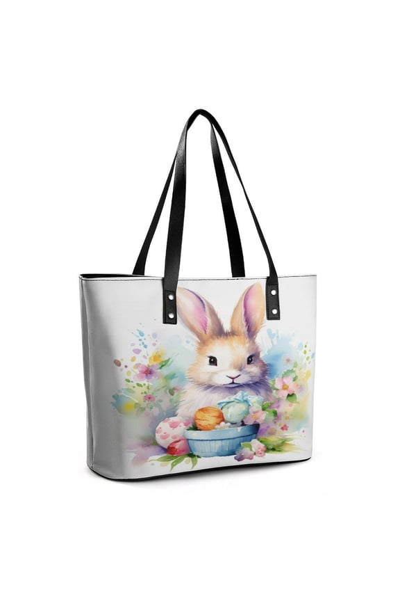 Beautiful Easter Bunny Flowers Eggs Woman Leather Handbags Large Tote Bag Fashion Portable Handbags With Zipper