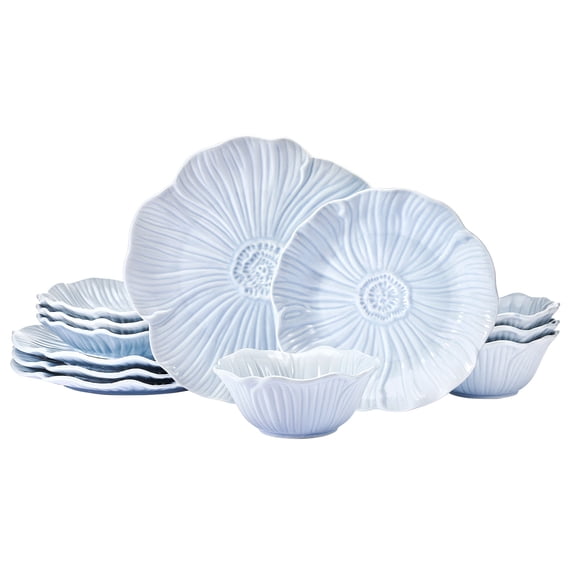 Beautiful by Drew Barrymore Embossed Flower 12 Piece Stoneware Dinnerware Set, 4 Piece Setting, Blue