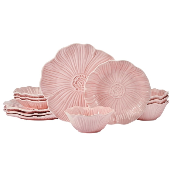 Beautiful by Drew Barrymore Embossed Flower 12 Piece Stoneware Dinnerware Set, 4 Piece Setting, Pink