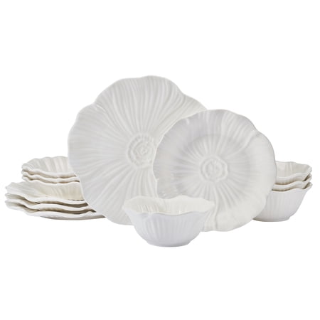 Beautiful Embossed Flower 12 Pc White Stoneware Dinnerware Set by Drew Barrymore