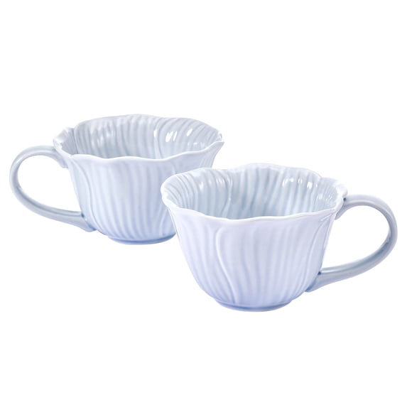 Beautiful by Drew Barrymore Embossed Flower Stoneware 9 fl oz Mug Set, 2 Piece, Blue