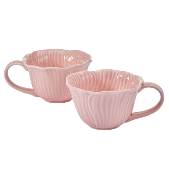 Beautiful by Drew Barrymore Embossed Flower Stoneware 9 fl oz Mug Set, 2 Piece, Pink