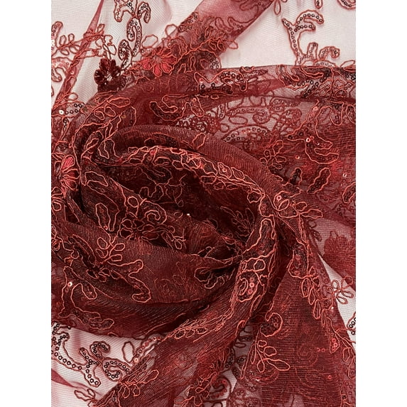 Beautiful Embroidered Lace w/Sequins, By the Yard from Sal Tex Fabrics, Burgundy