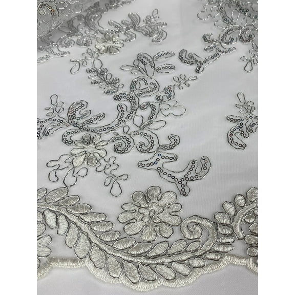 Beautiful Embroidered Lace w/Sequins, By the Yard from Sal Tex Fabrics, White/silver/silver