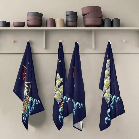 Beautiful Embroidery Ship Tea Towels Set of 6 Nautical Themed Kitchen Dish Cloth with Hanging Loop, 18"x28"Lint-Free Absorbent Towel for Kitchen Drying Wiping and Cleaning