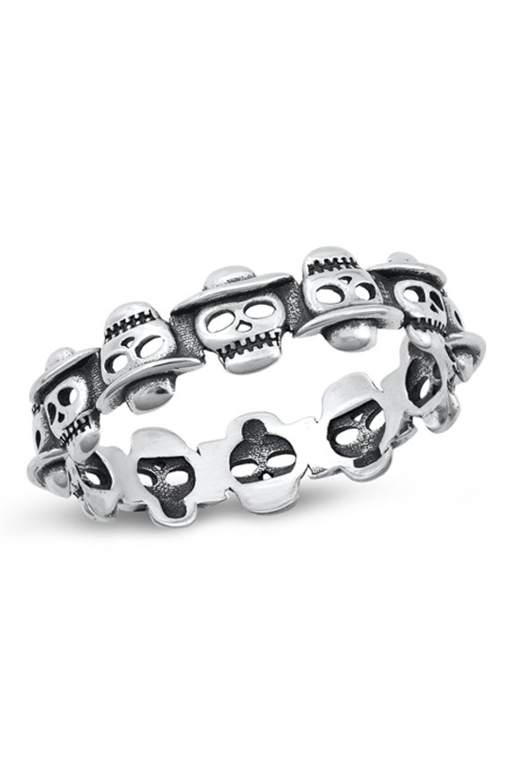 Beautiful Eternity Skulls with Hats Ring 925 Sterling Silver Band Jewelry Female Male Unisex Size 10