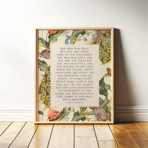 She Was Beautiful, F. Scott Fitzgerald Quote MidCentury Wall Art with Peacocks, Literary Art Modern Print for Entryway Poster Decor, Unframed Canvas Size 8x12 F03.1.21l737