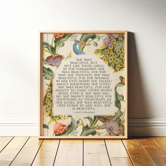 She Was Beautiful, F. Scott Fitzgerald Quote MidCentury Wall Art with Peacocks, Literary Art Modern Print for Entryway Print Poster, Stretched Canvas Size 8x12 F03.1.21l717