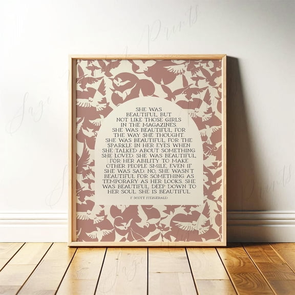 She Was Beautiful, F. Scott Fitzgerald Quote Pink and White Literary Wall Art with Birds, Modern Art Print for Entryway Poster Decor, Unframed Poster Size 12x18 F03.1.21l778