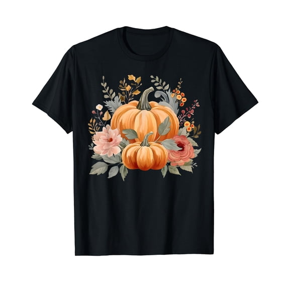 Beautiful Fall Vibes Pumpkins and Flowers Casual Black T-Shirt