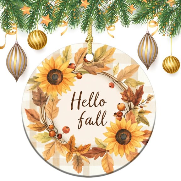 Beautiful Fall Wreath with Sunflowers Ceramics Ornaments Welcome Halloween Thanksgiving Christmas Tree Ornaments Best Gifts for Christmas for Woman Friend Birthday