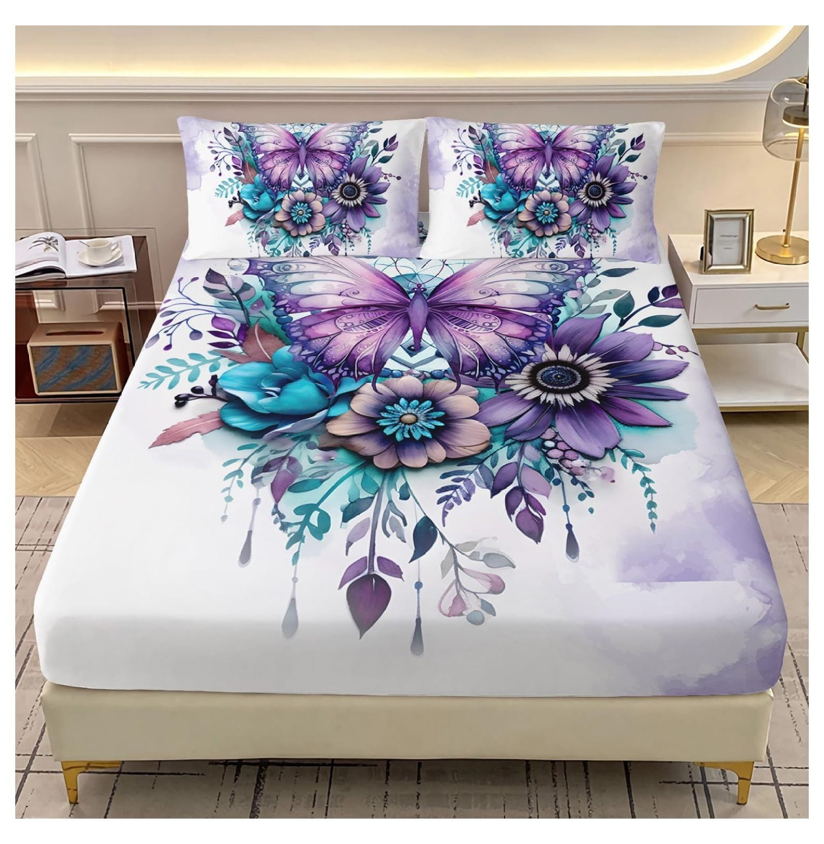 Beautiful Fitted Sheet Set Full Size, Purple with Flower Bedding Set for Kids,Girls,Boho Tie Dye