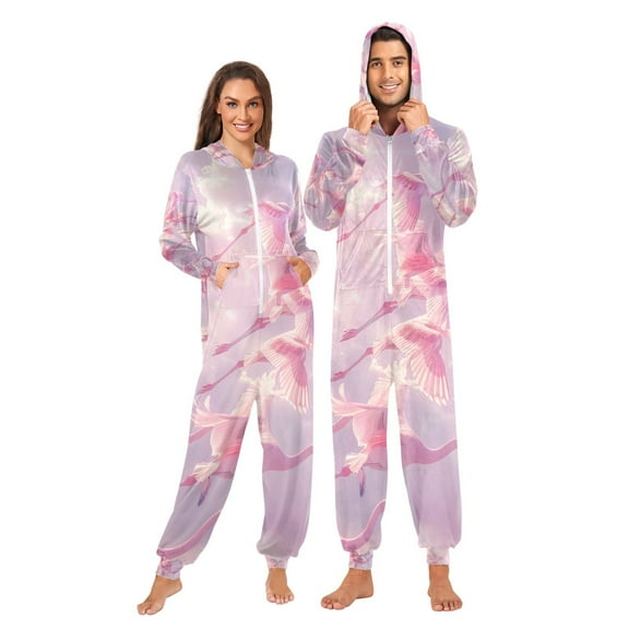 Beautiful Flamingos Adult Onesie Pajamas Slim Fit Christmas One Piece Suit Pjs for Women and Men Hooded Zipper