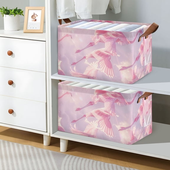 Beautiful Flamingos Foldable Storage Large Fabric Storage Baskets Organizer Storage Bins with Handles for Shelves