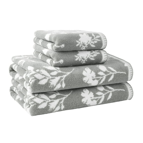 Beautiful by Drew Barrymore 4-Piece Floral Bath Towel Set, 100% Cotton, Cornflower Blue