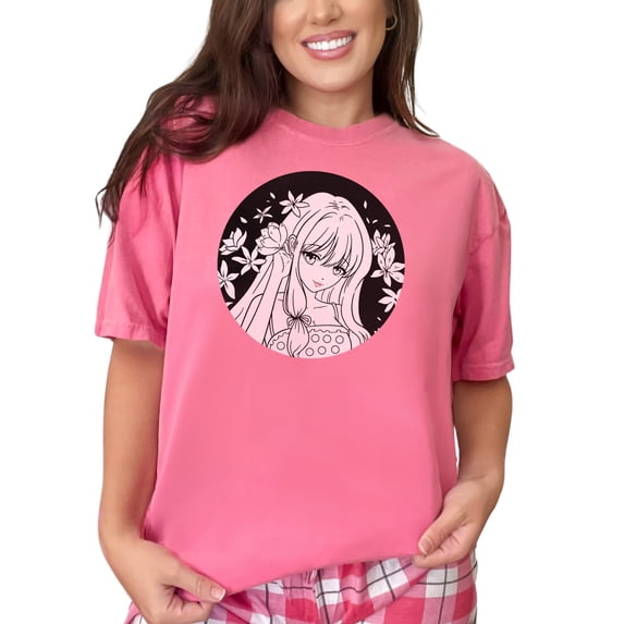 Beautiful Floral Anime Girl Art, Crunchberry Comfort Colors T-Shirt, XL