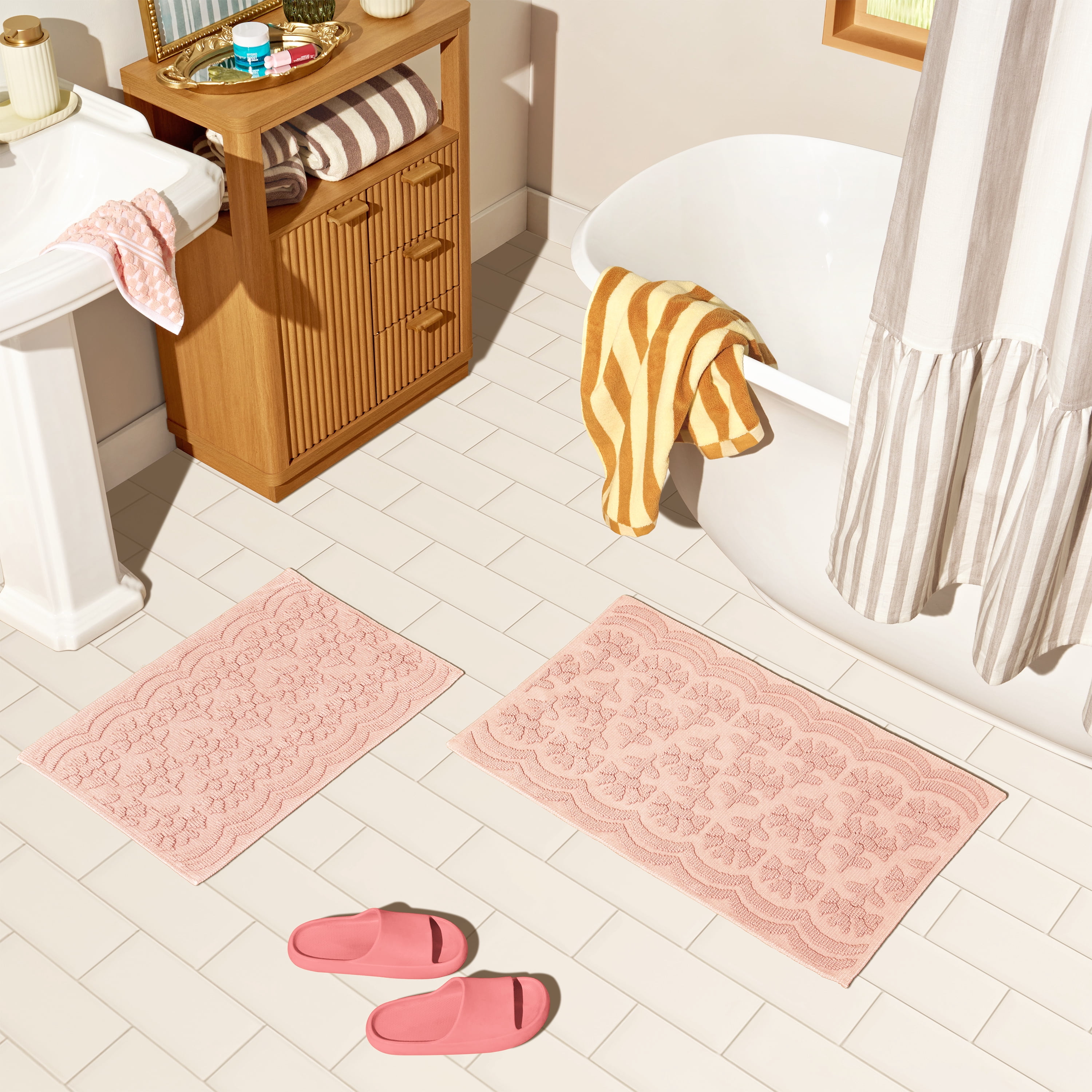 Beautiful Floral Block Scallop 2 Piece Bath Rug Set by Drew Barrymore, Rose Pink, 17" x 24" & 20" x 30"