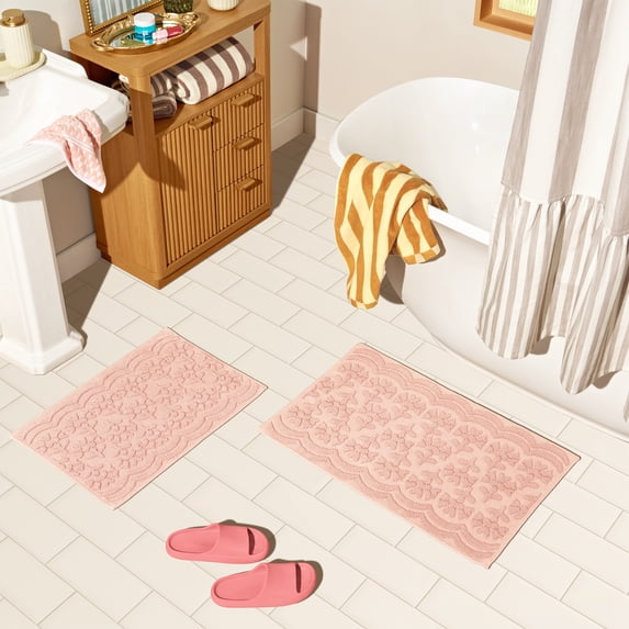 Beautiful Floral Block Scallop 2 Piece Bath Rug Set by Drew Barrymore, Rose Pink, 17" x 24" & 20" x 30"