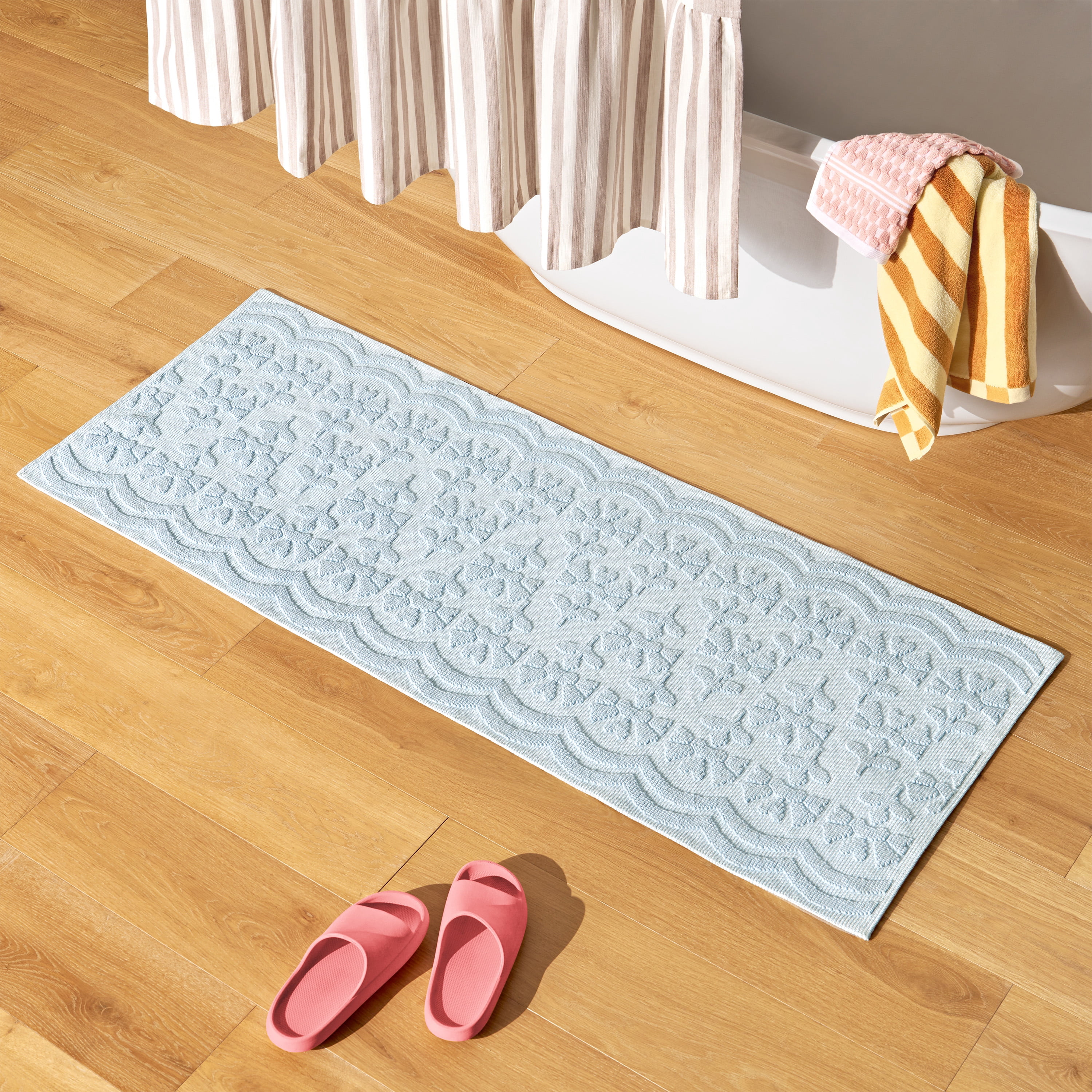 Beautiful Floral Block Scallop Bath Runner Rug by Drew Barrymore, Hydrangea Blue, 24" x 60"